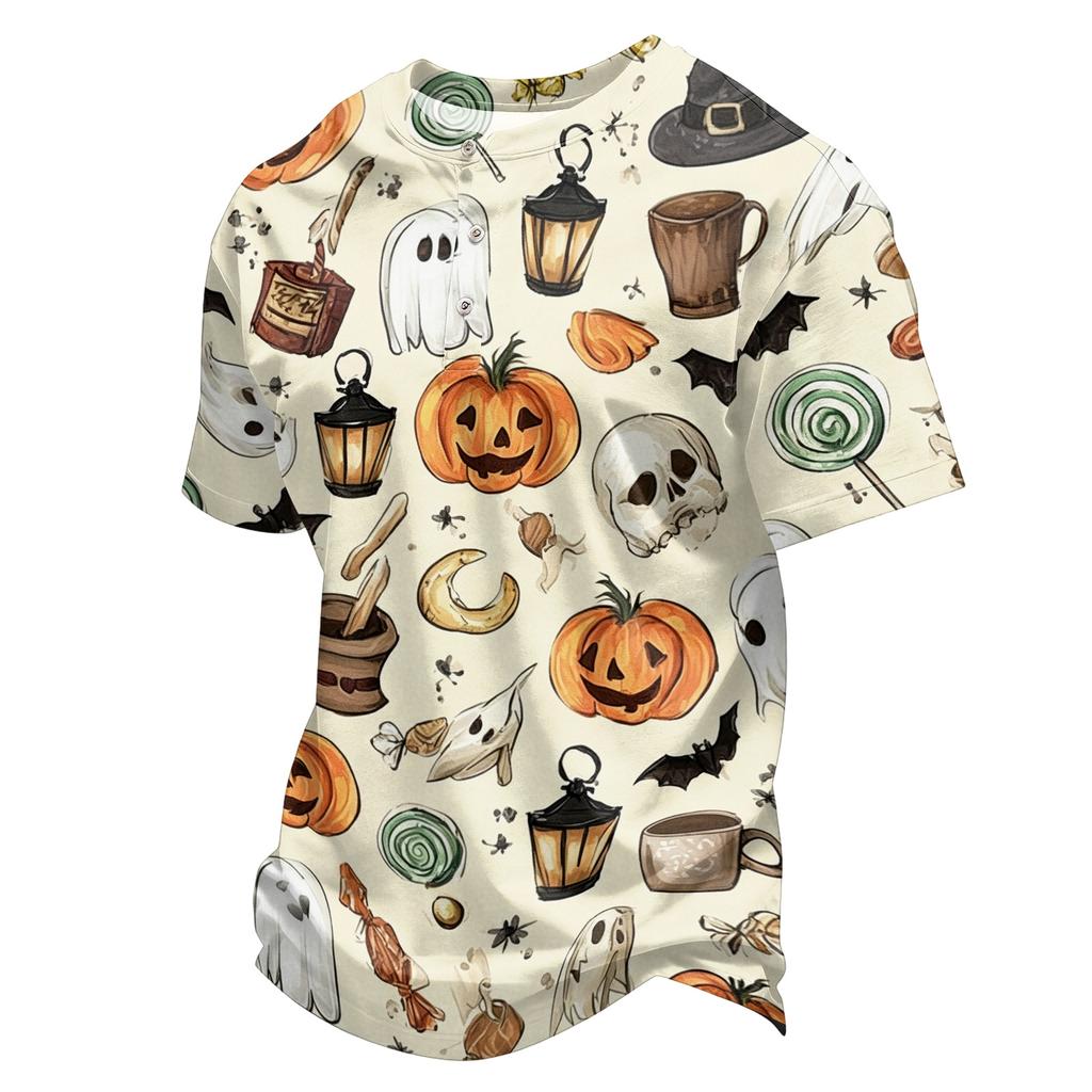 Men's Halloween Print Short Sleeve Henley Shirt Casual Round Neck Button Up Top for Seasonal Wear