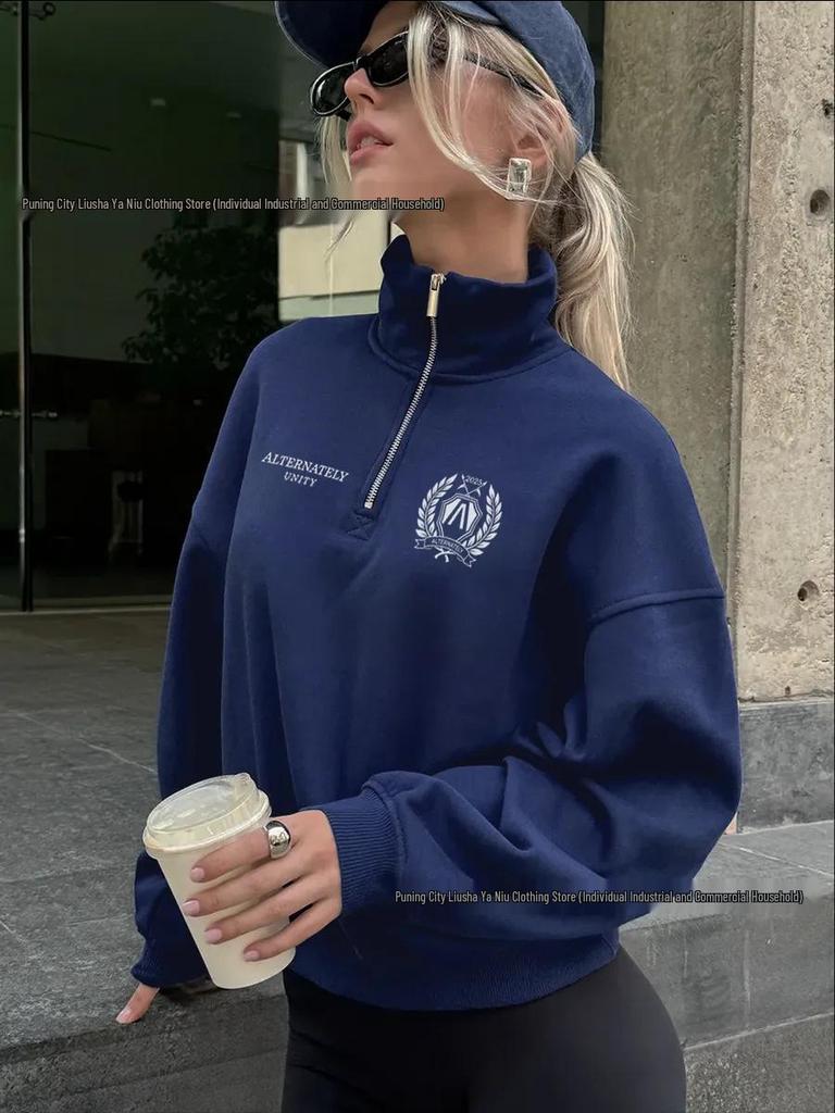 2026 Women's Retro American-Style Half-Zip Lapel Hoodie – Thickened for Autumn/Winter