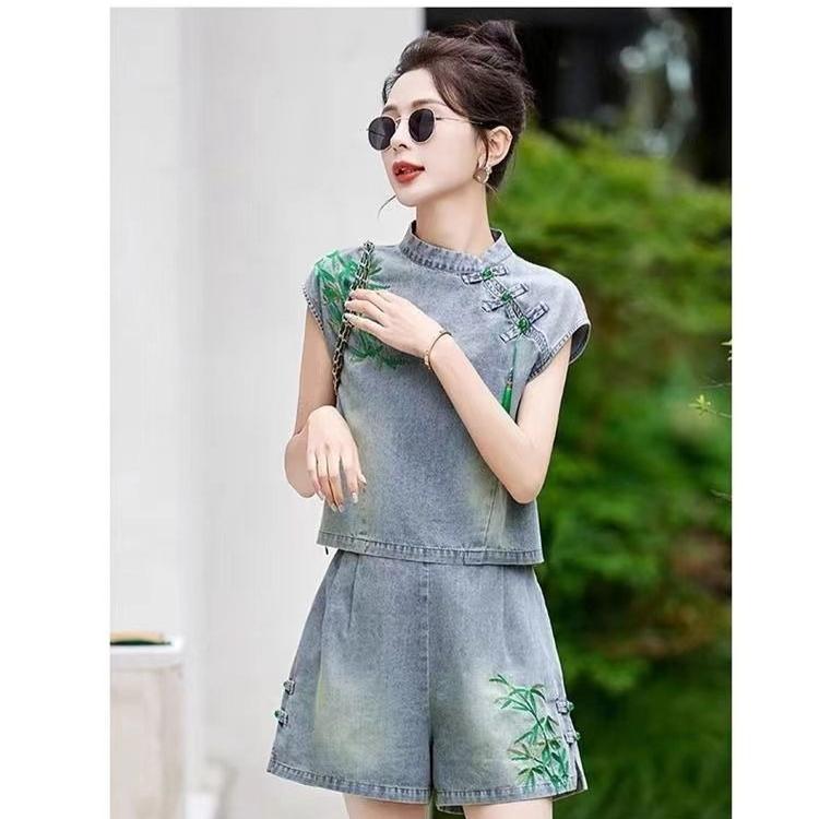Summer Women Denim Two Piece Set Vintage Embroidered Wide Leg Shorts Chinese Fashion