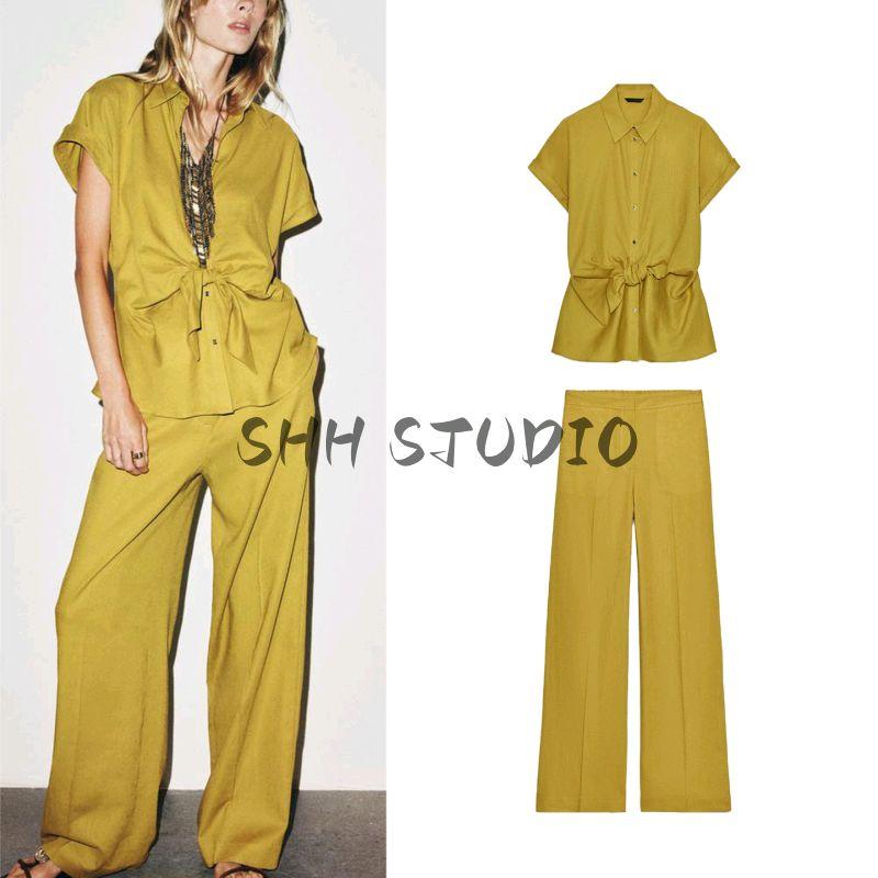 Flip Collar Short Sleeve Linen Blend Bow Tie Shirt 8138389 High Waist Straight-leg Casual Pants 8632389