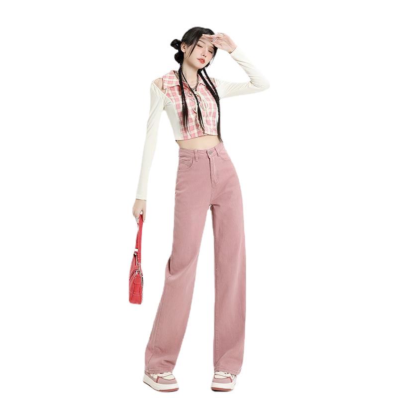 Women's Dirty Pink High Waist Wide Leg Jeans - Slim Fit, Floor Length, Straight Leg Pants for Spring