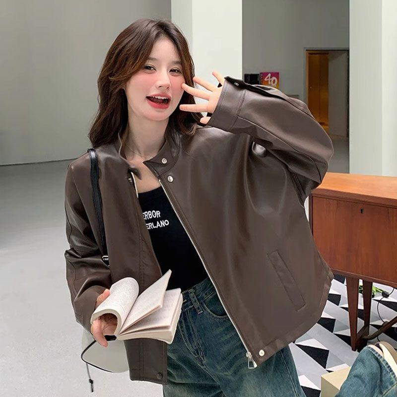 New Fashion Women's Leather Jacket Round Neck Zipper Style Casual Retro Commuter High End Luxury Motorcycle Short Leather Coat