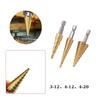 3Pcs Hss Titanium-Coated Spiral Groove Step Drill Bit 3-12 4-12 4-20 Power Tool Step Drill Bits Set Metal Multi-Hole Taper Drill