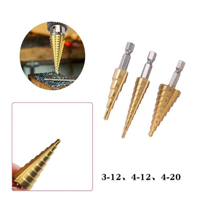 3Pcs Hss Titanium-Coated Spiral Groove Step Drill Bit 3-12 4-12 4-20 Power Tool Step Drill Bits Set Metal Multi-Hole Taper Drill