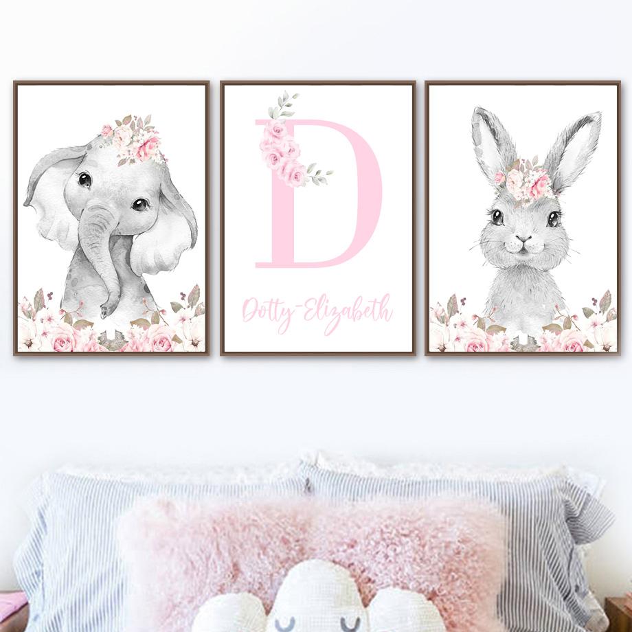 

Пользовательское имя ребенка слон кролик детская настенная живопись на холсте плакаты на скандинавскую тему и принт настенные панно детская спальня домашний декор