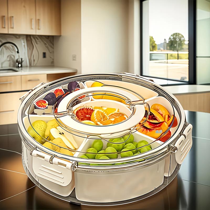 Portable transparent 6-grid snack tray with rotating base, leakproof lid and handle, great for picnics, parties, RV and home use. 6-grid rotatable