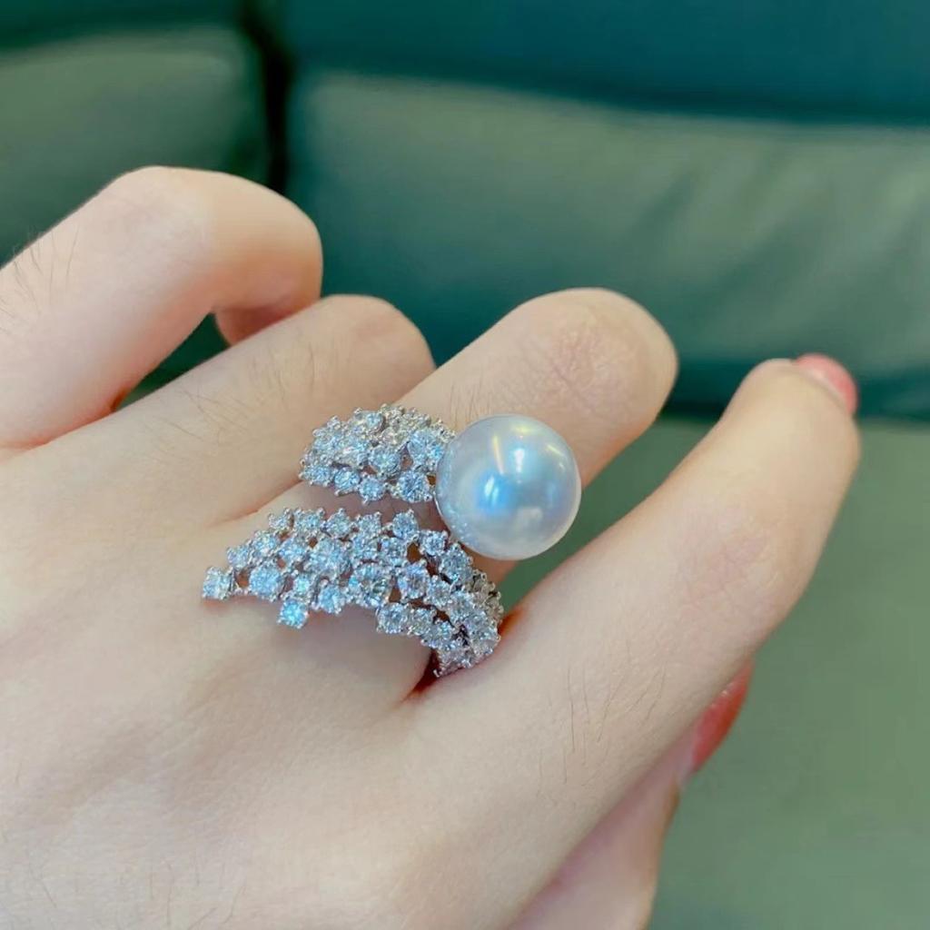 French Australian White Pearl Full Diamond Ring Women'S Opening, Niche Trend Retro High-End Index Finger Ring