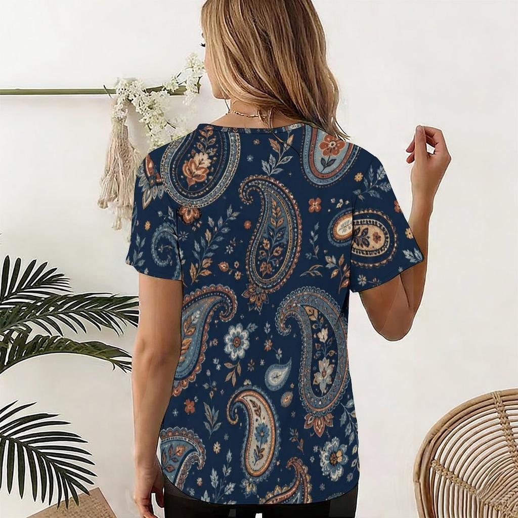 Women Plus Size U Neck Short Sleeve Printed T Shirt Geometric Pattern Navy Blue Curved Hem