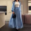 Women's Olive Green Lantern Sleeve Long Coat with High Waist Tie Belt Skirt Set