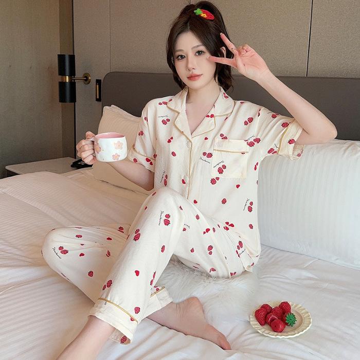 

Женская пижама с коротким рукавом для весны: Милый кардиган, корейский стиль, тонкий и повседневный домашний наряд Extra Extra Large XXL