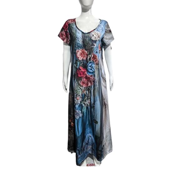 Women's Floral Print Maxi Dress Short Sleeve V Neck Swing Dress Boho Flowy A-Line