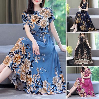 Vestido Midi de manga corta con cuello redondo para mujer, cinturón de cintura alta, estampado Floral, vestido acampanado para mujer de mediana edad, ropa de calle