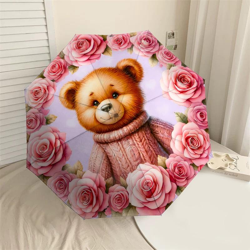 1PC Teddy Bear Flowers Umbrella-9-Rib Reinforced, Automatic Open, Lightweight & Durable, Cute Fashion Accessory for Outdoor-P0791