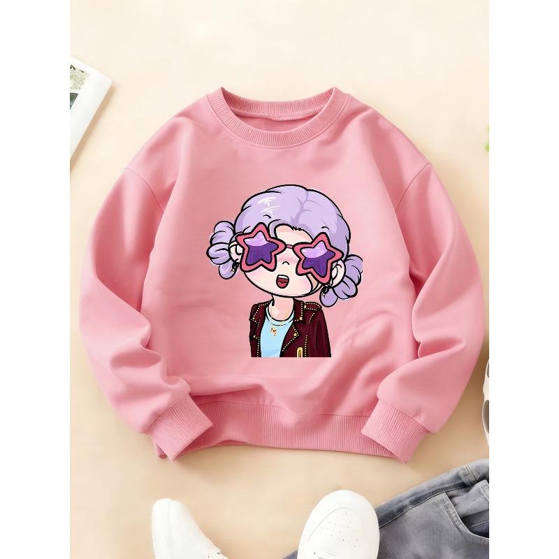 Kids Crewneck Long Sleeve Sweatshirt, Sweet Cool Cartoon Print of Purple-Haired Girl with Starry Glasses