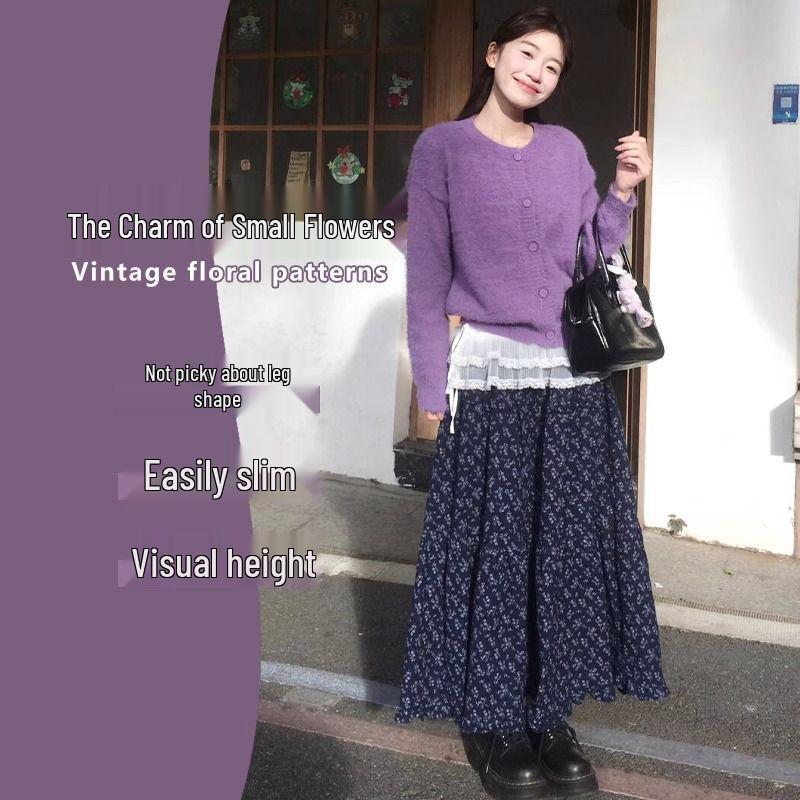 Koreanischer Retro-Maxirock mit Blumendruck – Hoher Bund A-Linie für Frühling und Sommer Damenmode