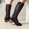 Damen Kniehohe Sommerstiefel Atmungsaktiv 2025 Damen Reißverschluss hinten Bequeme Blockabsatzschuhe Netzsandalen Gürteldekor Hohe Stiefel
