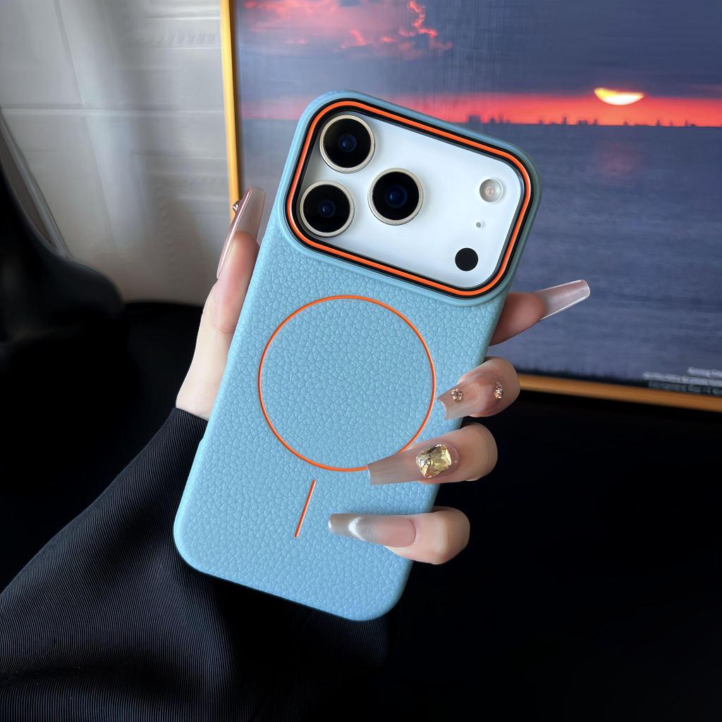 Lychee Pattern iPhone 17 PM Case: Shockproof Magnetic Protection for 16 Pro Max & 15 PM with Contrasting Colors