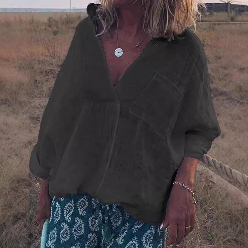 Pevná dámská halenka s dlouhým rukávem a výstřihem do V