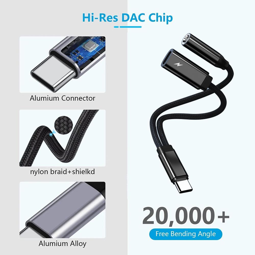 USB C To AUX Cable Adapter Type C 3.5mm Aux Earphone Converter DAC Chip PD Charging Audio Cable For iPhone Xiaomi Samsung Huawei