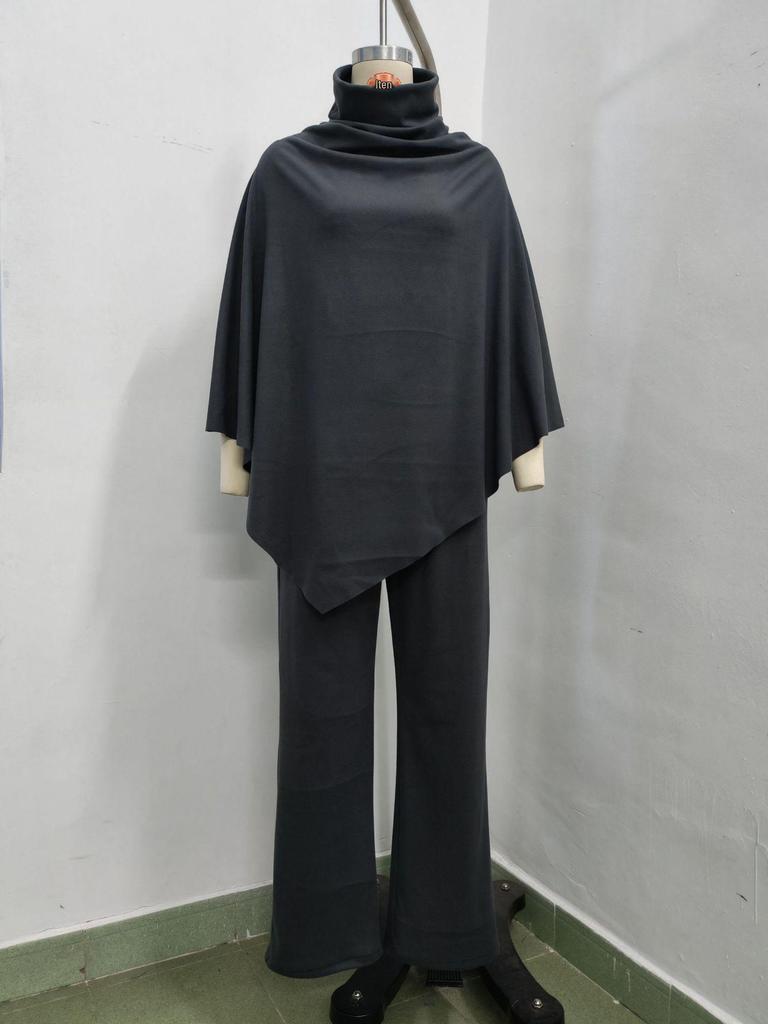 European & American Women's Fall/Winter Fleece Stand-up Collar Cape and Wide-leg Pants Set
