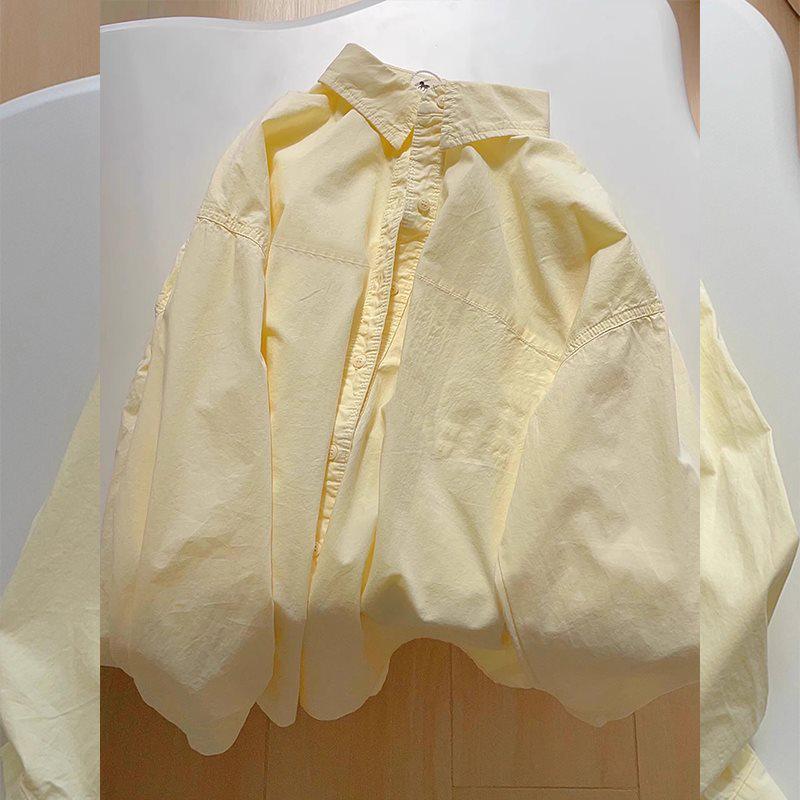 Women's Milky Yellow Layered Long-Sleeve Loose Shirt Jacket - Petite Casual Spring/Autumn Top