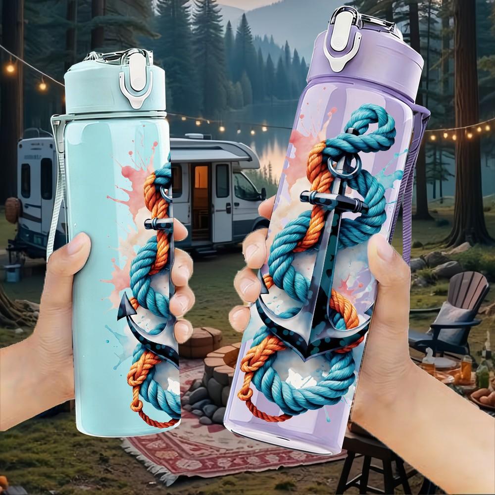 1PC Anchor Watercolor Splash Print 750ml Color Plastic Sports Water Bottle Leakproof Flip Straw Lid Suitable for Sports Office Home Use