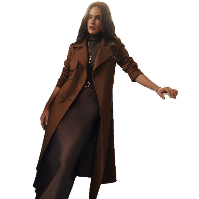 Womens Brown Wool Blend Coat Slim Fit Double Breasted Long Sleeve Winter Outerwear