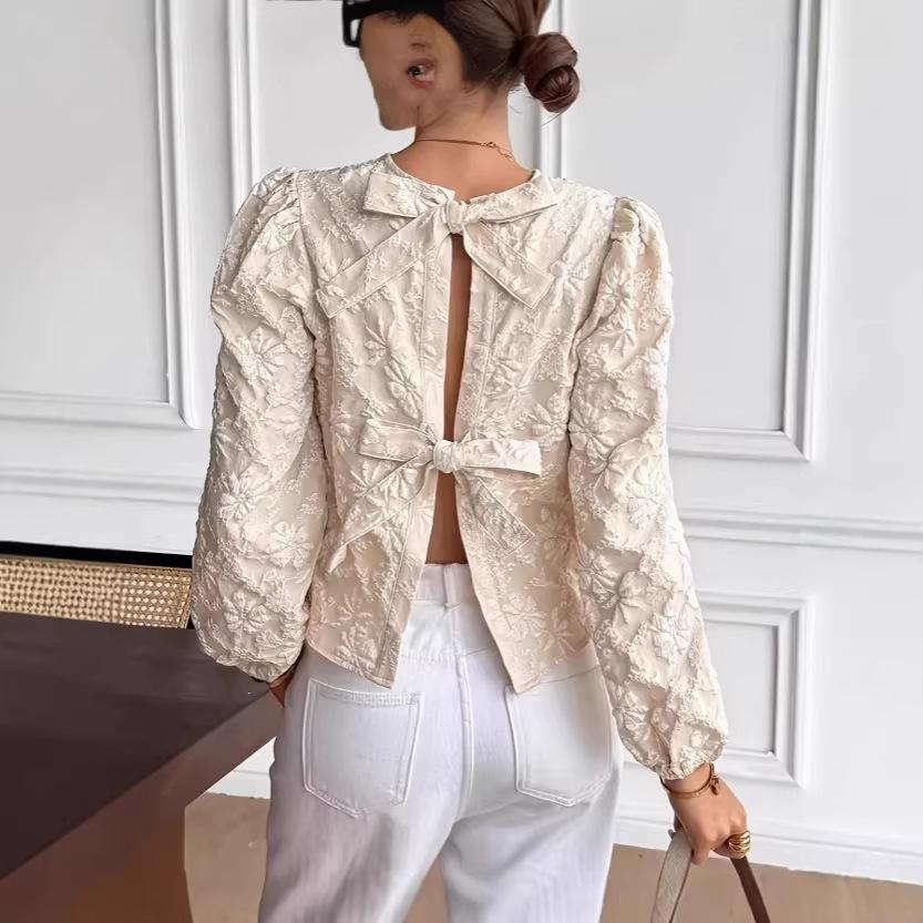 Women S Floral Jacquard Lantern Sleeve Bow Back Blouse S хаки