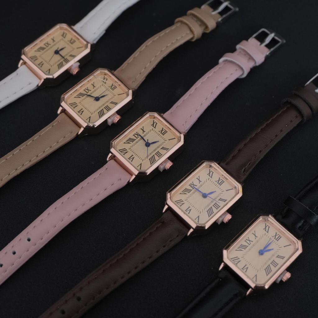 Roman-Style Ladies Square Dial Quartz Watch with Cowhide Strap