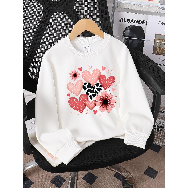 Crewneck Sweatshirt for Girls Featuring Heart, Polka Dots, And Cow Print Designs. It'S Machine Washable And Suitable for Spring And Autumn