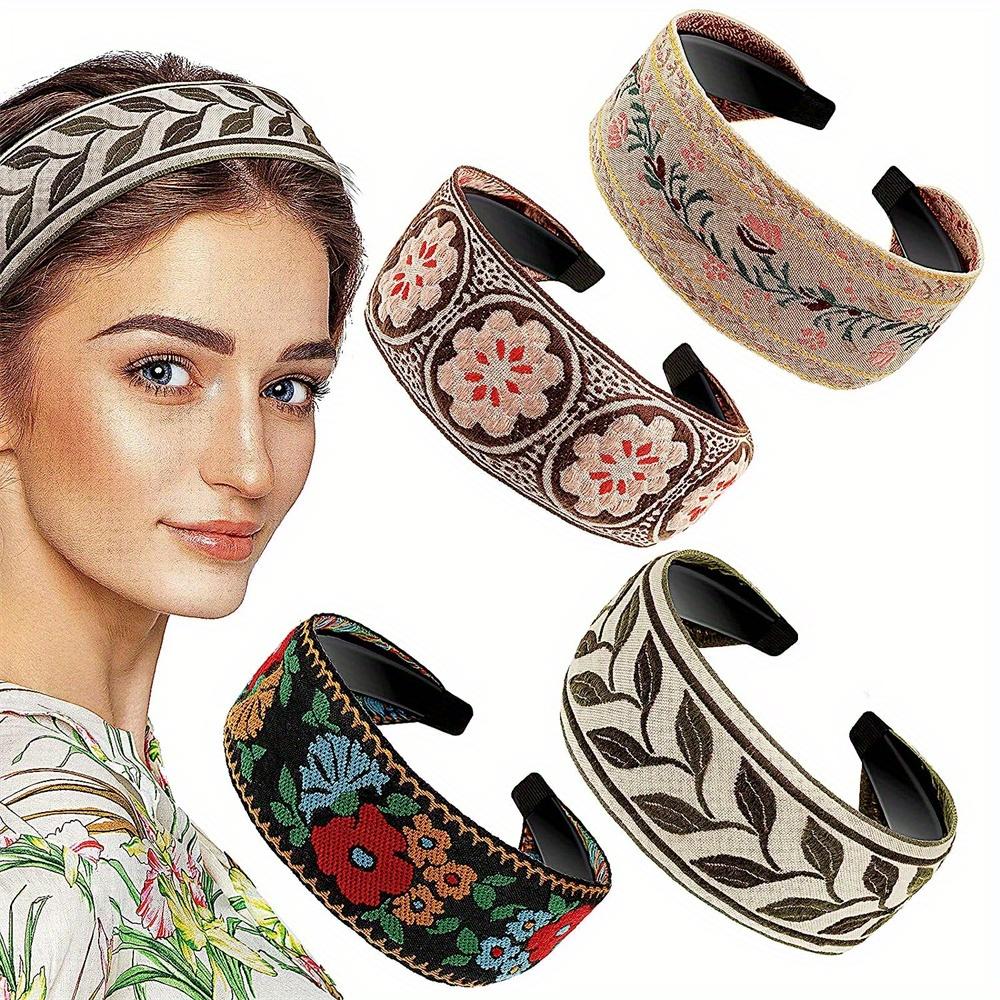 

4pcs Handmade Embroidery Bohemia Floral Wide Vintage Ethnic Style Hair Bands for Women Girls Classic Pattern Hair Accessories