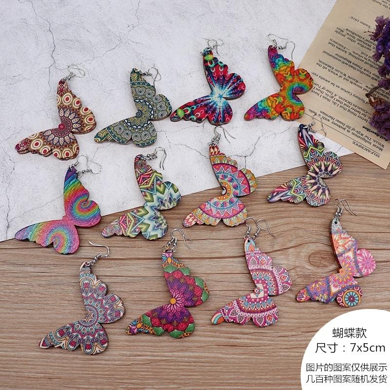 Bohemian vacation style wooden earrings retro personality exaggerated print earrings femininity long earrings