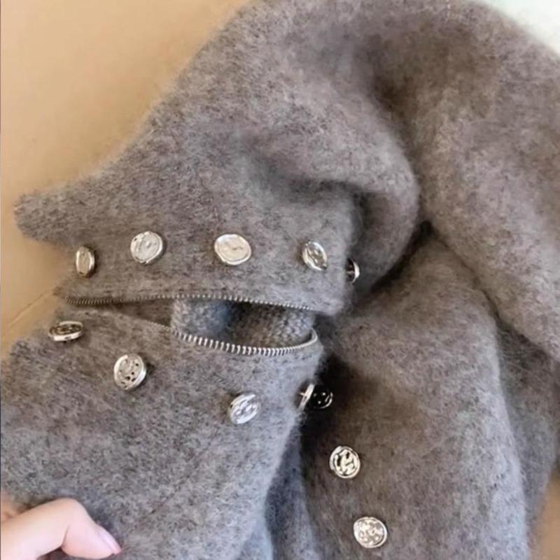 Grey Double Breasted Stand Collar Knitted Sweater Jacket Women Autumn Winter Thickened High Quality Lazy Zip