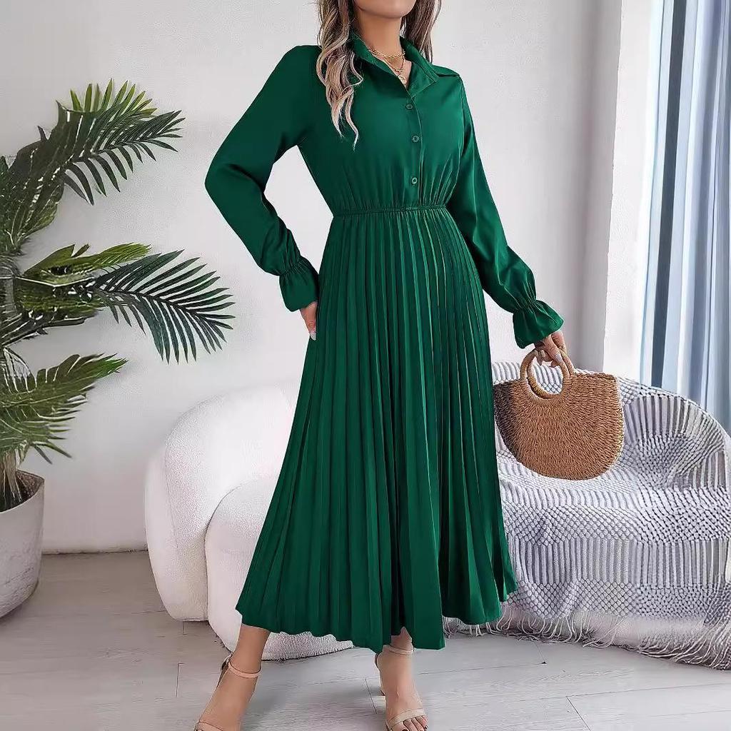 Women's Long Sleeve Maxi Dress V-Neck Button Long Dress Casual High Waist Pleated Big Swing A-Line Dress