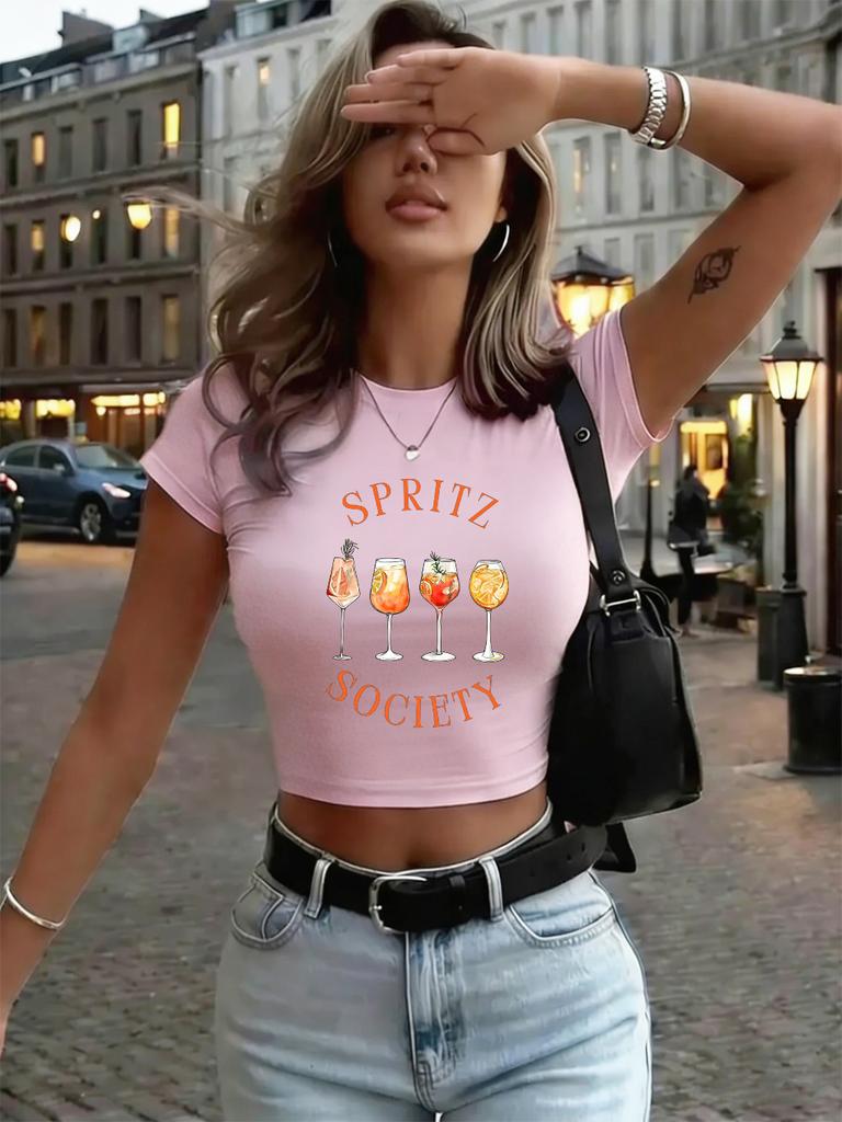 Spritz Society T-shirts Courts Imprimés pour Femmes Été Col Rond Hauts Doux Coupe Street Ajusté Streetwear Sportif Haute Élasticité Vêtements