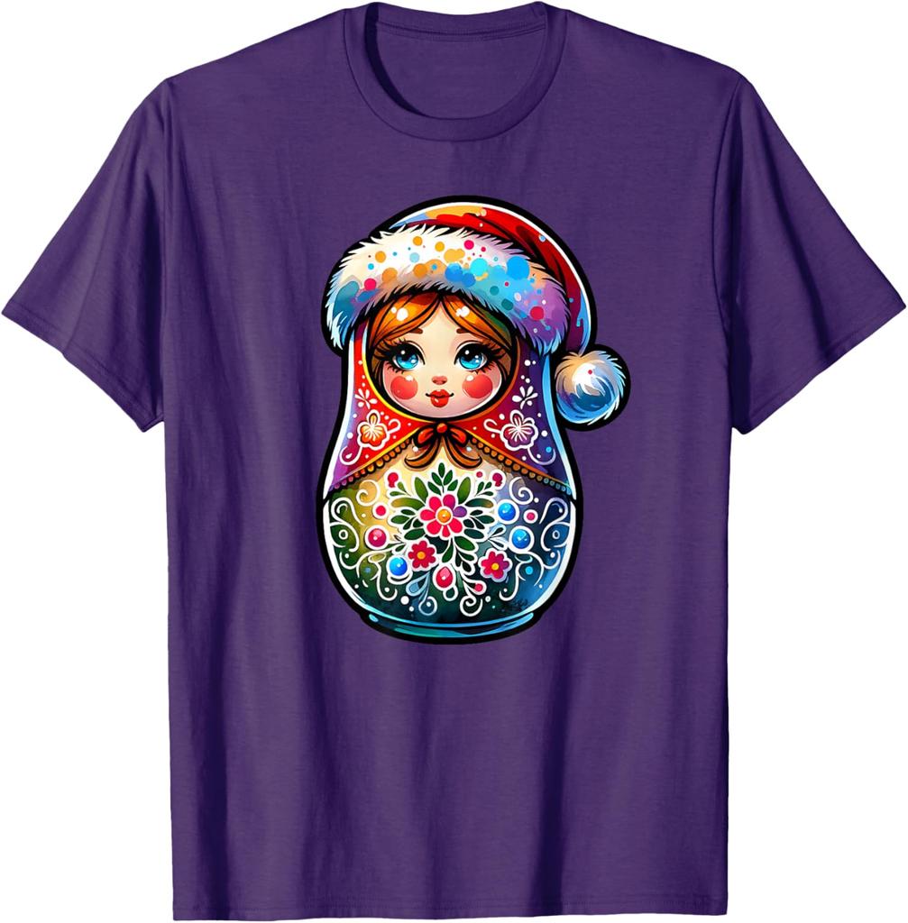 Christmas Matryoshka Doll Graphic Tee Breathable Short Sleeve Casual Round Neck T-Shirt