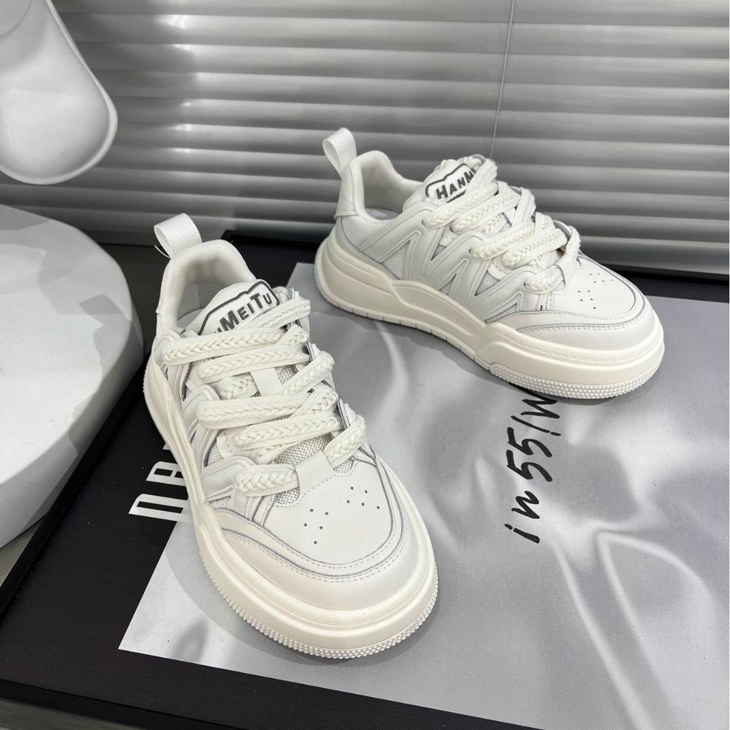 Internet Celebrity Leather Thick Baseplate Shoes White Shoes Women's Round Head Lace-up Flat Bottom Color Matching Bread Shoes Sports and Leisure Sho