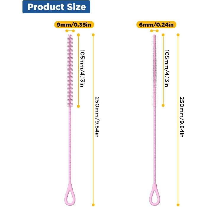 YOTIME Silicone Straw Cleaner Brush, 2Pcs Reble Straw Brush Extra Long for Cleaning Tumbler with Handle and Glass Metal Smoothie Straws, Non-slip