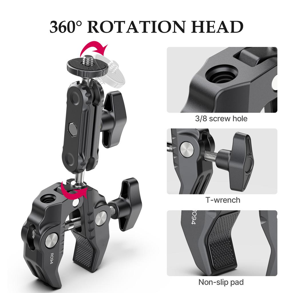 R094 Multi-functional Super Clamp   Mount Clamp Dual 360 degrees  Rotatable  head Aluminum Alloy with 1Celsius4 Inch Screw 3Celsius8 Inch Thread