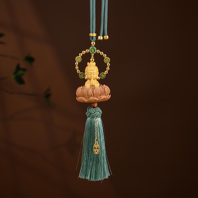 Carved Lotus Buddha Car Pendant Car Rearview Mirror Solid Wood Bodhi Tassel Figurine Hanging Decor Auto Interior Lucky Ornaments