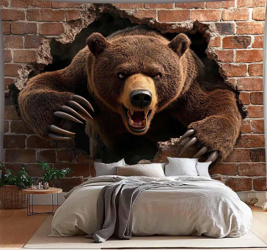 3D Fierce Bear Breakthrough Wall Art Tapestry, Aggressive Powerful Animal Print Poster Wide Wall Hanging For Bedroom Living Room
