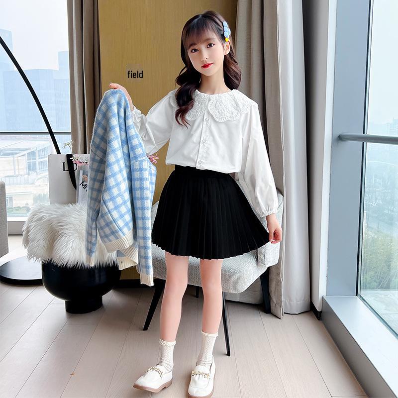 Spring/Summer 2025 College Style Long-Sleeve White Doll Collar Shirt for Girls