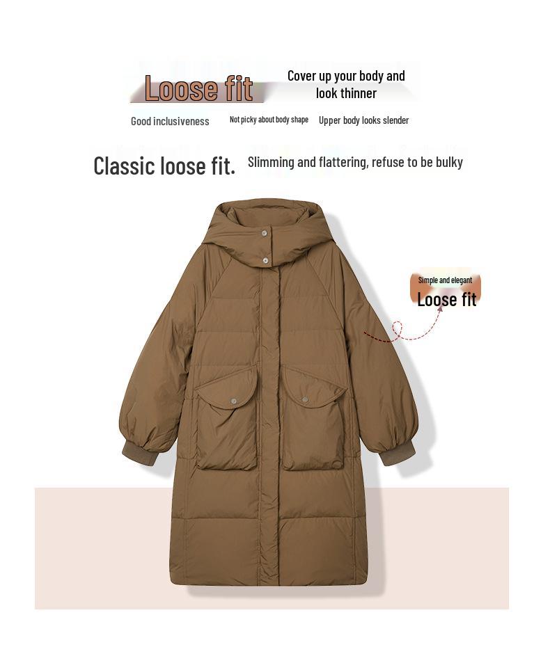 Women's Mid-Length Hooded Down Jacket, 2024 Plus Size Fashion, Warm Winter Coat, White Duck Down