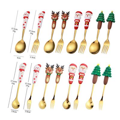 2/4 pièces Ensemble de Cuillères et Couverts de Noël, Cuillères à Riz en Acier Inoxydable Dessin Animé, Cuillère Fourchette Cadeau Père Noël, Petit Outil de Cuisine