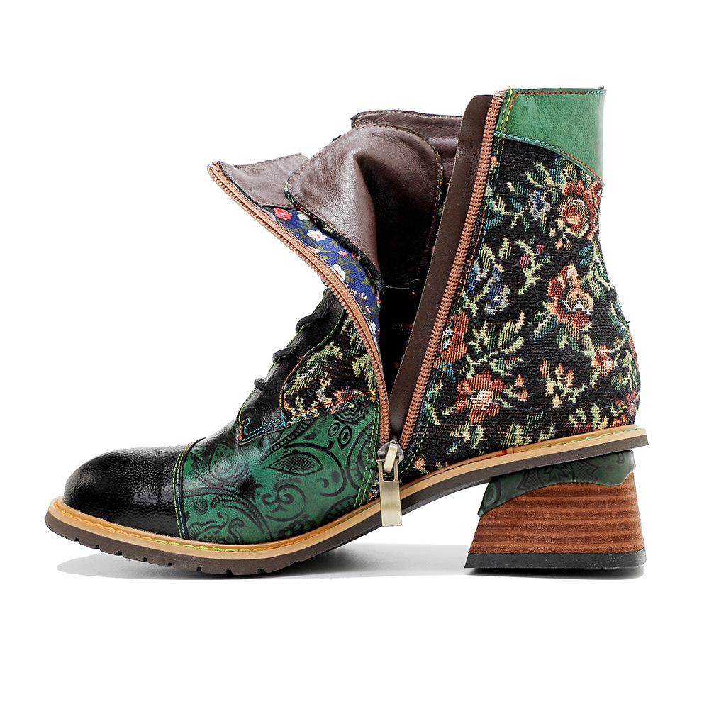 Johnature Plateaustiefel aus echtem Leder, Schnür-Damenschuhe, Blumenmuster, runde Zehen, Nähen, Prägung, Stiefeletten