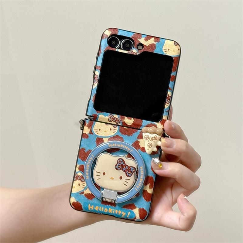 Модный Синий Чехол с Леопардовым Принтом Hello Kitty Магнитный Чехол для Телефона для Samsung Galaxy Z Flip 7 6 5 ZFlip6 ZFlip5 Чехол с Подставкой для Mag For Z Flip 6 7FE
