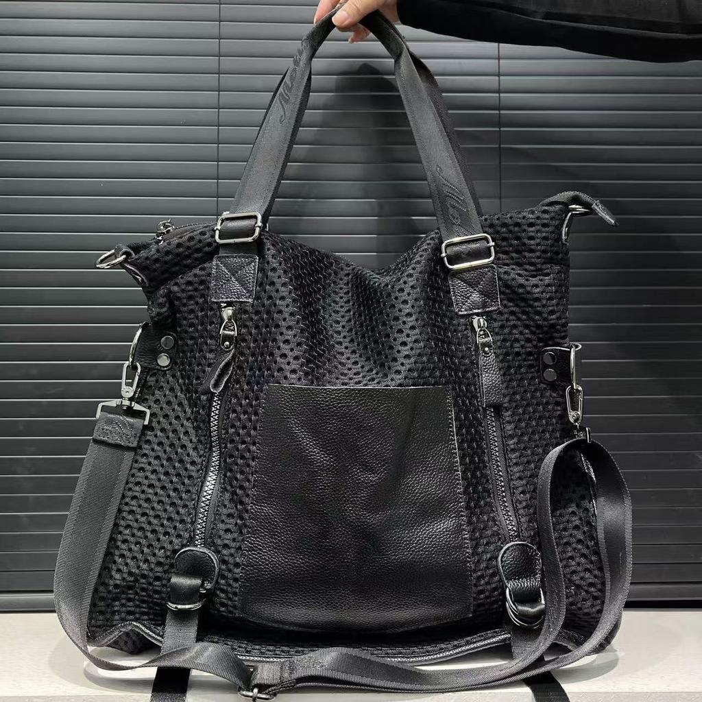 European and American Retro Mesh Splicing Leather Tote Bag, Large Capacity Casual Versatile Diagonal Cross Bag