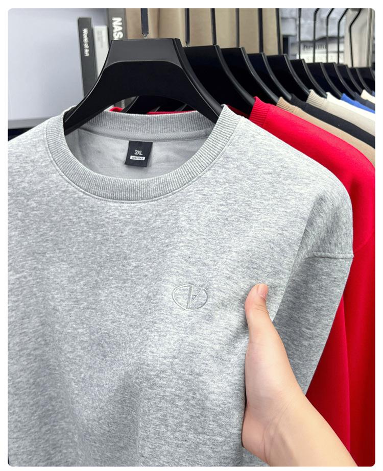 High-End Men's Royal Blue Embroidered Sweatshirt, Round Neck, Velvet-Lined for Autumn/Winter Warmth