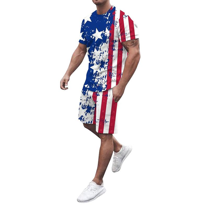 Pánské sady triček USA Americká vlajka 3D tisk Teplákové soupravy Trička Šortky 2 kusy Streetwear Pánské oversized obleky Sportovní oblečení