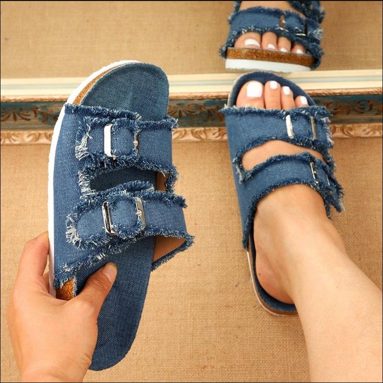 Utenrikshandel pluss-størrelse dusk tøfler dameklær europeiske og amerikanske beltespenner, korksålelerret, ett-linjes kule tøfler, damer er lette